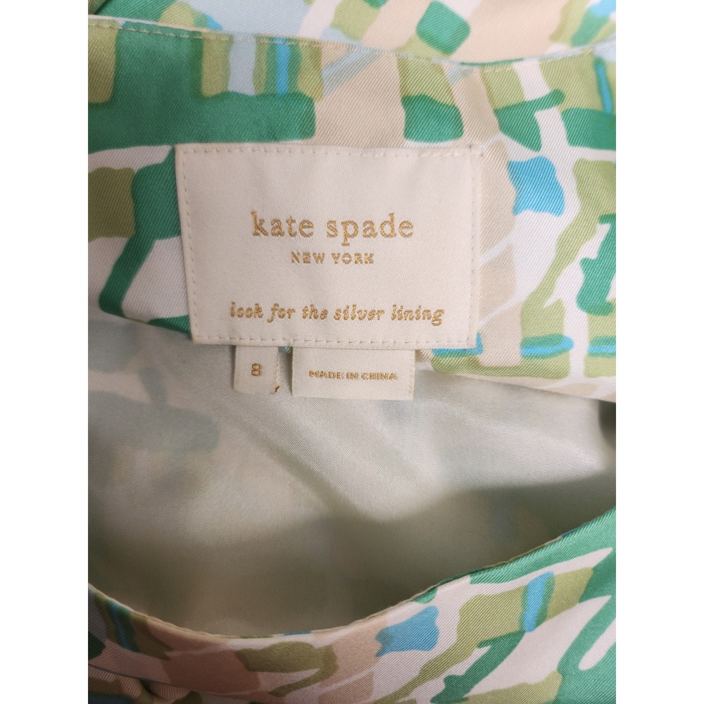 Kate Spade New York Green Blue Geometric Silk Fit Flare Dress Size 8 - Picture 3 of 5